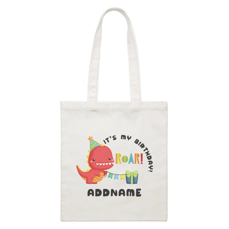 Plus - Size Canvas Tote Bag for Carrying Large ItemsBirthday Dinosaur Happy Red Rex Wearing Party Hat It's My Birthday Addname White Canvas Bag