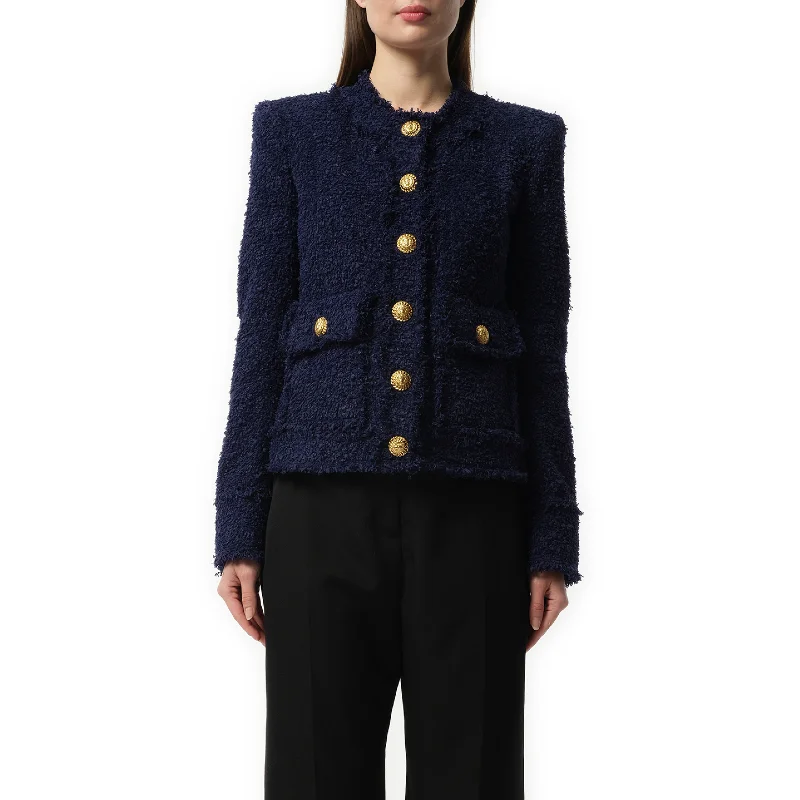 Collarless 2 Pocket Tweed Jacket in Midnight Blue