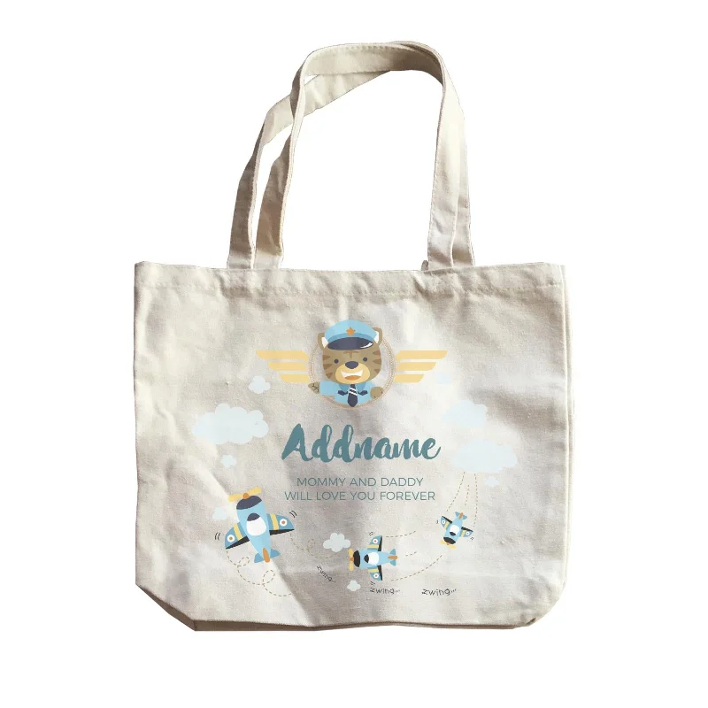 Large Capacity Canvas Tote Bag for Grocery Shopping with Reinforced HandlesCute Bear Pilot and Blue Planes Flying Personalizable with Name and Text Canvas Bag