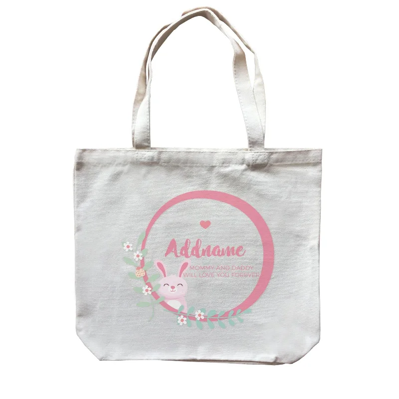 Printed Floral Pattern Canvas Shoulder Bag for Spring OutfitsCute Pink Rabbit in Pink Ring Personalizable with Name and Text Canvas Bag