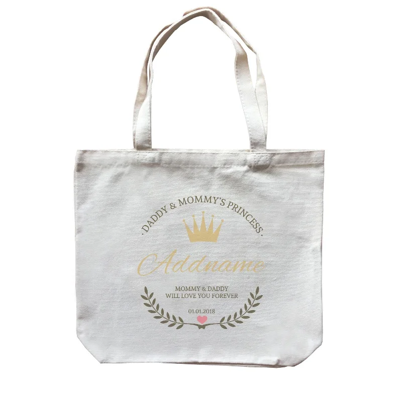 Plus - Size Canvas Tote Bag for Carrying Large ItemsDaddy and Mommy's Princess with Tiara Wreath Personazliable with Name Text and Date Canvas Bag