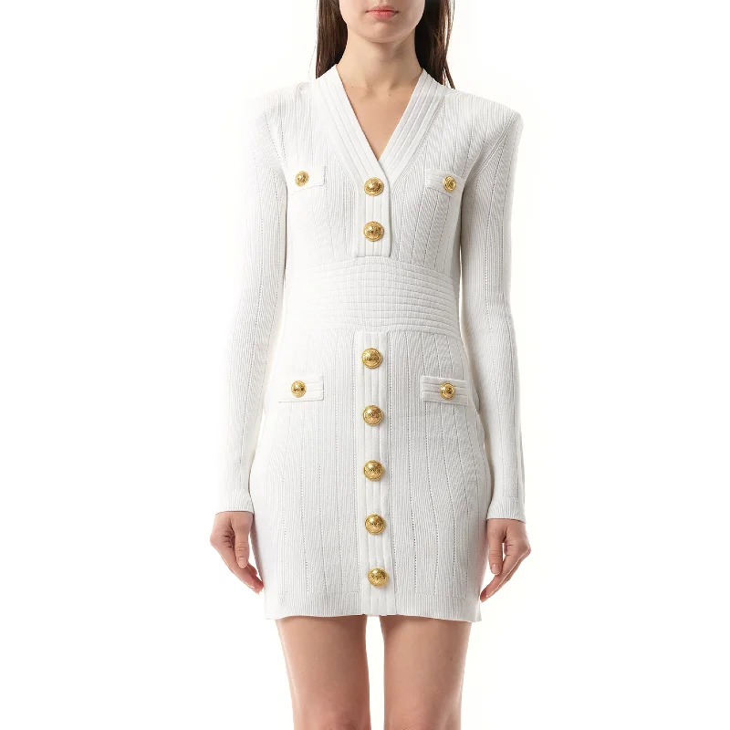 Long Sleeve Buttoned Short Knit Dress in White