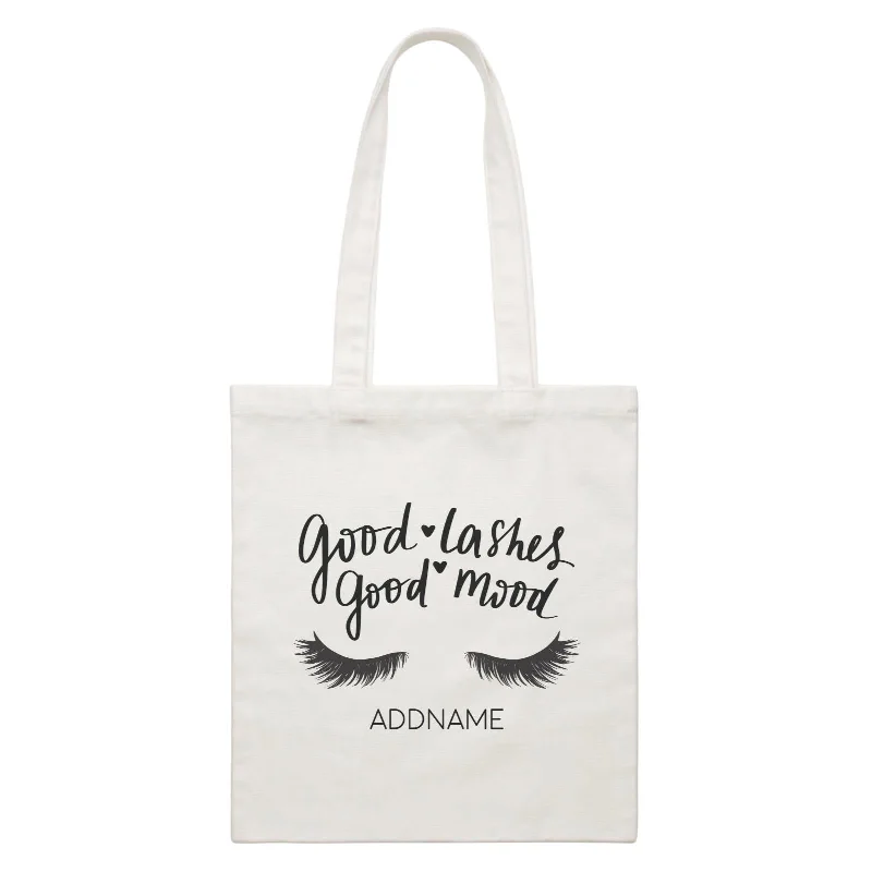 Canvas Art Supply Bag with Adjustable Dividers for ArtistsMake Up Quotes Good Lashes Good Mood Addname White Canvas Bag