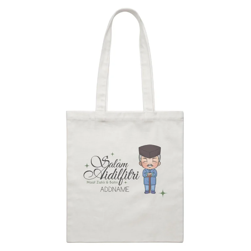 Plus - Size Canvas Tote Bag for Carrying Large ItemsRaya Chibi Wishes Grandpa Addname Wishes Everyone Salam Aidilfitri Maaf Zahir & Batin White Canvas Bag