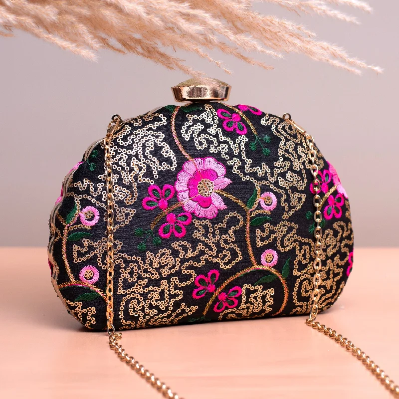 Quilted Leather Evening Bag in Gray for Sophisticated EventsArtklim Black Based Pink Floral Sequins Embroidery Clutch