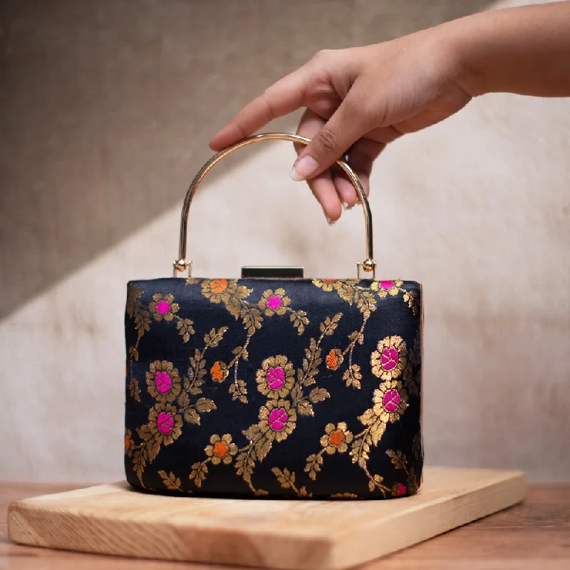 Women's Metallic Leather Clutch in Rose Gold for Valentine's DateArtklim Black Golden Flower Printed Clutch