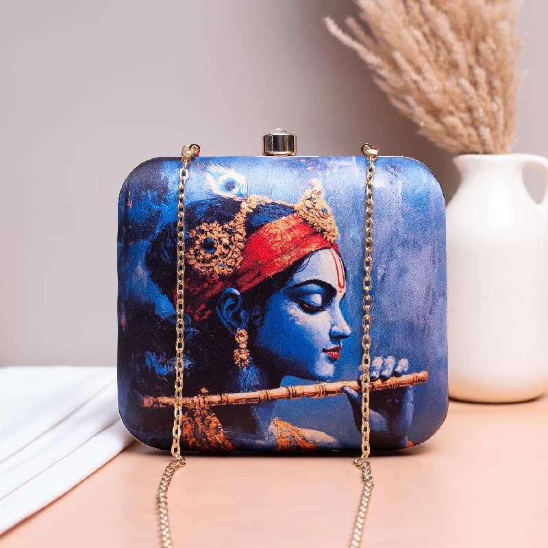 Women's Studded Leather Evening Bag in Black for Rock - n - Roll NightsArtklim Blue Based Majestic Krishna Printed Clutch