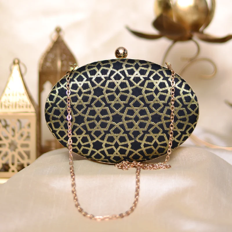 Women's Glittery Clutch in Blue for Disco - Themed EventsArtklim Elegant Black Golden Oval Clutch