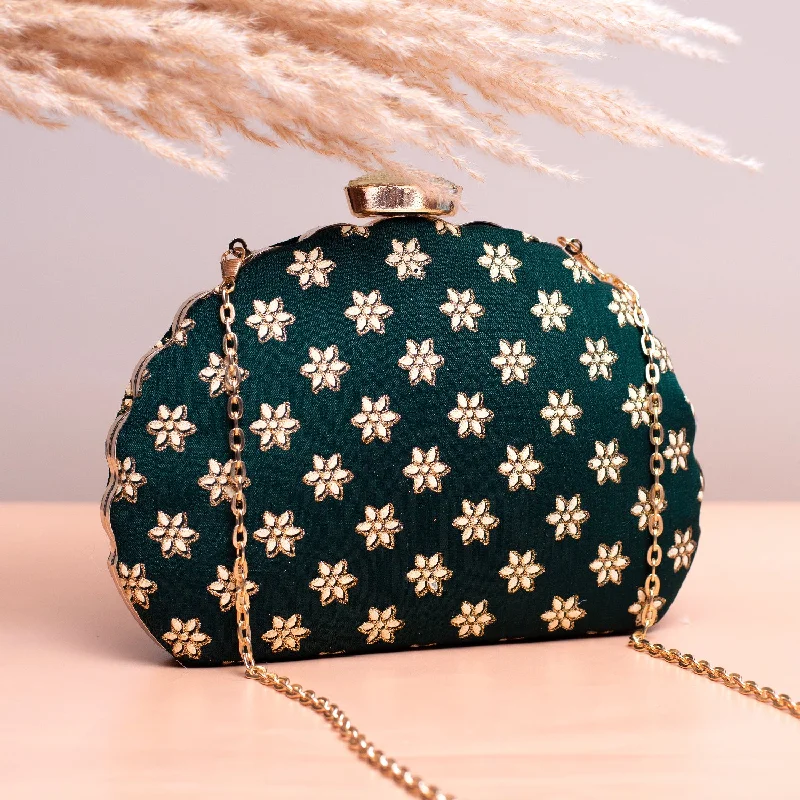 Mirrored Clutch in Silver for Futuristic - Themed GatheringsArtklim Green Based Golden Floral Embroidery Clutch