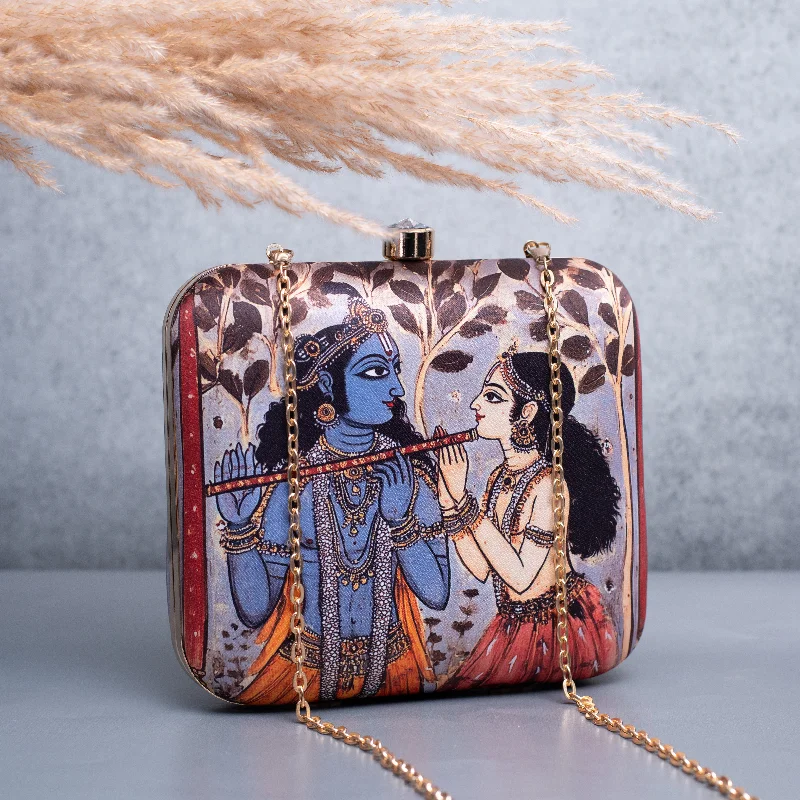 Quilted Leather Evening Bag in Gray for Sophisticated EventsArtklim Radha Krishna Printed Clutch