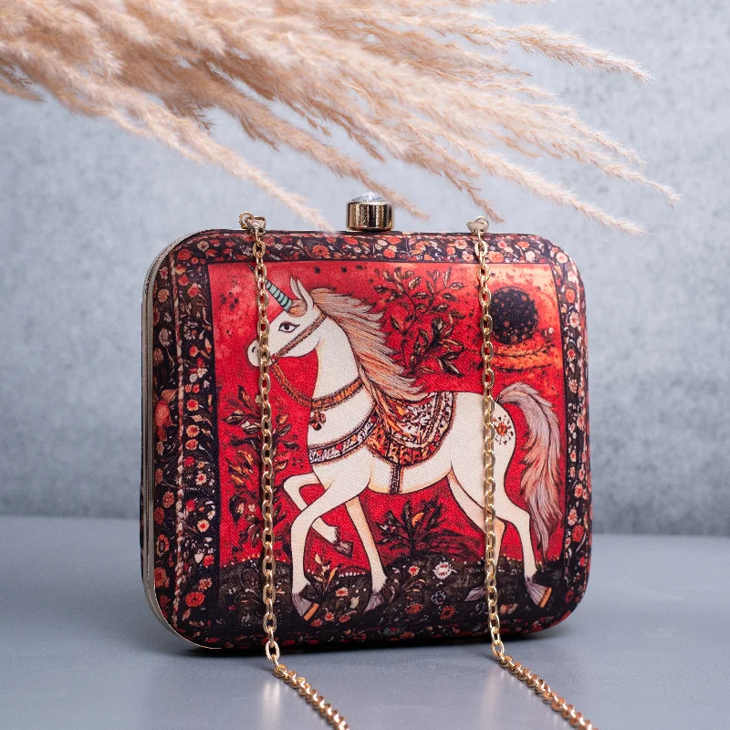 Floral - Printed Satin Clutch in Pink for Spring GalasArtklim Red Based Unicorn Printed Clutch