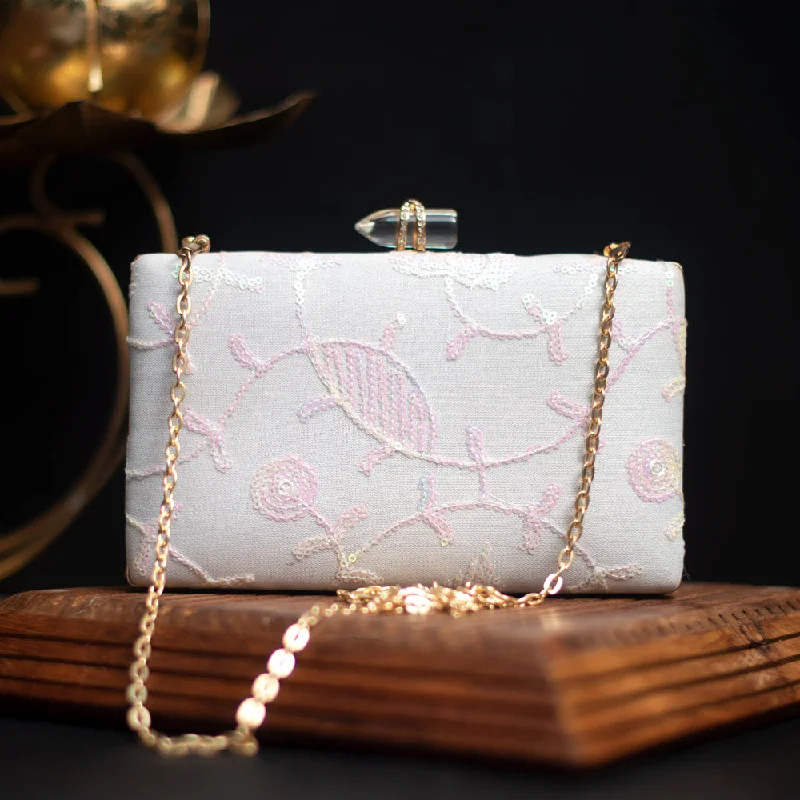 Leather Clutch with Chain Strap in Black for Cocktail PartiesArtklim White And Pink Embroidery Party Clutch