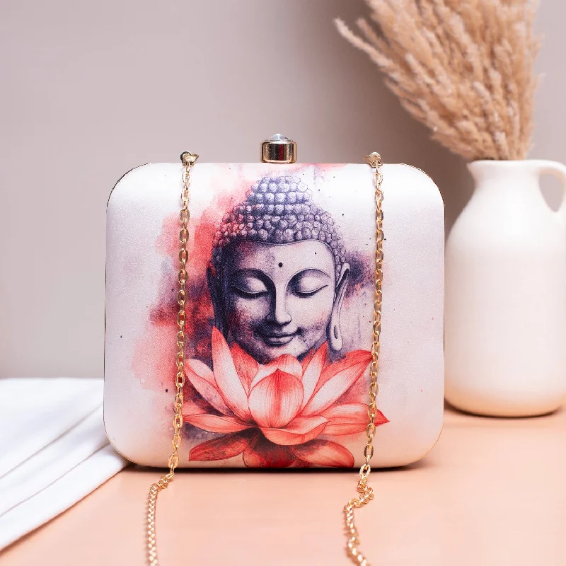 Women's Monogrammed Leather Clutch in Tan for Personalized StyleArtklim White Based Buddha Printed Clutch