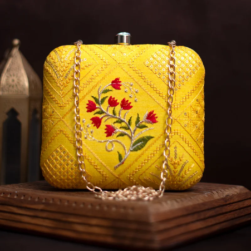 Women's Lizard - Print Clutch in Brown for a Chic LookArtklim Yellow And Red Floral Embroidery Clutch