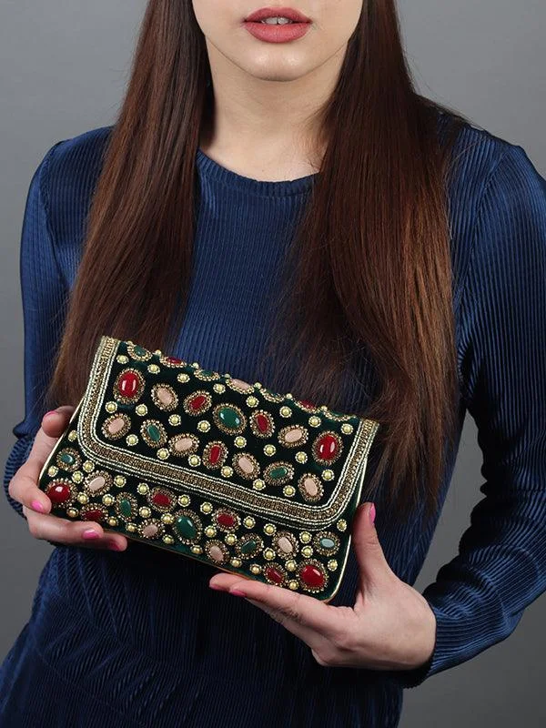 Geometric - Patterned PVC Evening Bag in Multicolor for Trendy Nights OutOdette Women Bottle Green Stone Studded Velvet Clutch