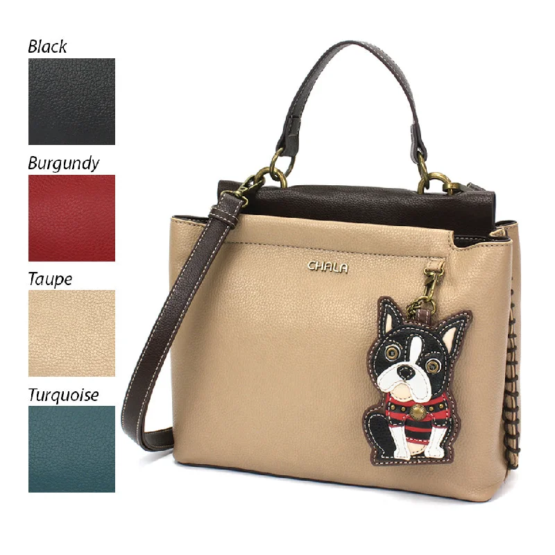 Women's Handle Bags with a Hidden Pocket for Valuables in KhakiCharming Satchel - Boston Terrier