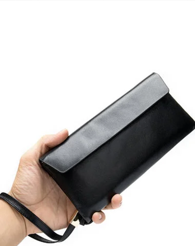 Cool Leather Long Wallet for Men Black Envelope Wallet Wristlet Clutch Wallet For Men