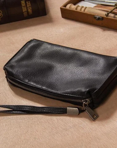 Black Leather Mens Clutch Wallet Wristlet Wallet Zipper Clutch for Men