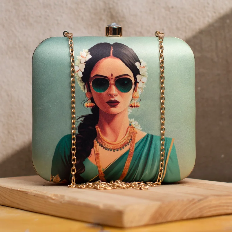 Snake - Skin Effect Clutch in Green for Exotic PartiesDesi Woman Portrait Clutch