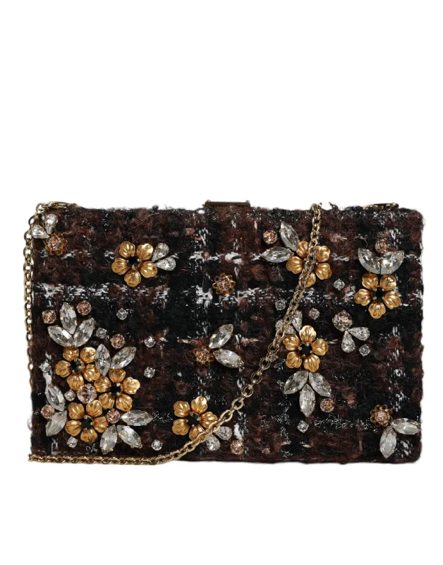 Women's Crossbody Bag with Chain Strap in Gold for a Glamorous TouchDolce & Gabbana multi Tweed Floral Clutch Evening Party Purse CrossBody Women's Bag