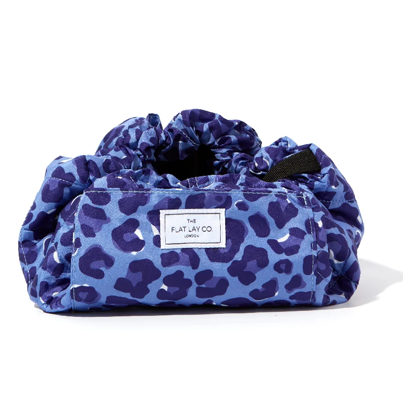 Travel - Sized Women's Makeup Bags in Compact Design for Easy Airplane TravelDrawstring Flat Lay Makeup Bag - Blue Leopard