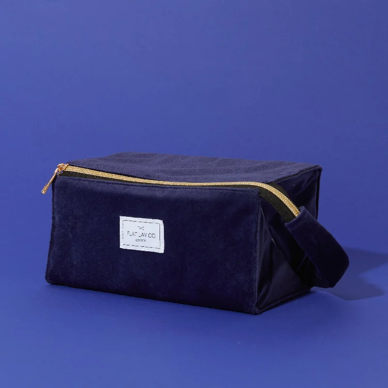 Zipper - Closure Women's Makeup Bags with a Clear Front Pocket for Quick AccessFlat Lay Makeup Box Bag - Deep Blue Velvet