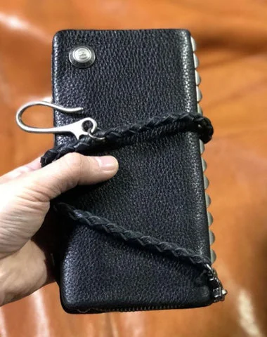 Genuine Leather Mens Cool Biker Chain Wallet Long Leather Wallet Clutch Wristlet Wallet for Men