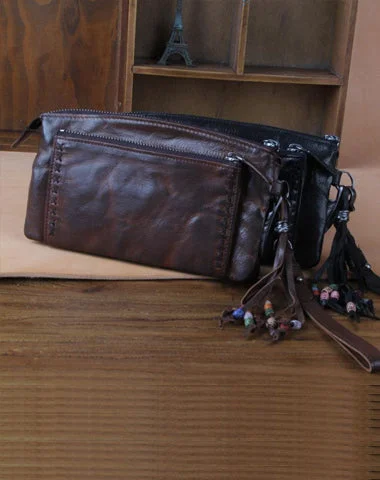 Handmade Genuine Leather Mens Cool Long Leather Wallet Zipper Clutch Wristlet Wallet for Men