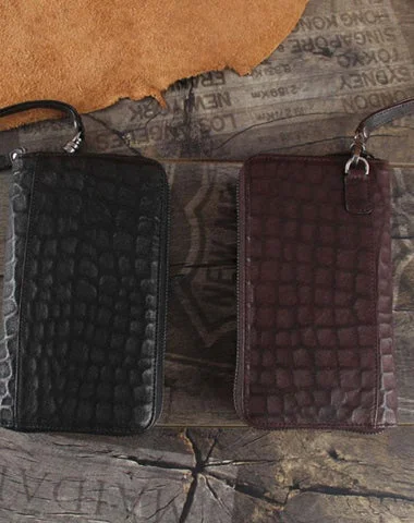 Handmade Genuine Leather Mens Cool Long Leather Wallet Zipper Clutch Wristlet Wallet for Men