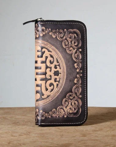 Handmade Genuine Leather Mens Cool Tooled Long Leather Wallet Bifold Clutch Wallet for Men