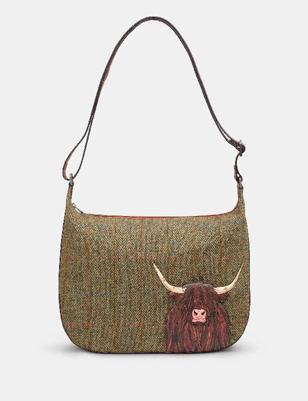 Embroidered Denim Shoulder Bag in Blue for a Vintage VibeHighland Cow Harris Tweed & Brown Leather Hobo Bag