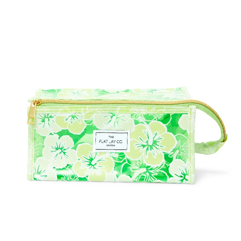 Quilted Women's Makeup Bags in Cream with a Mirror Inside for On - the - Go Touch - UpsJelly Flat Lay Makeup Box Bag - Green Hibiscus