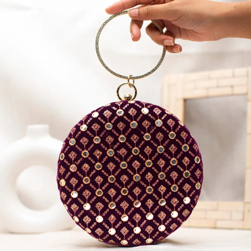 Velvet Clutch Bag in Burgundy with Crystal Embellishments for Formal DinnersMaroon Mirror Sequins Embroidery Round Clutch