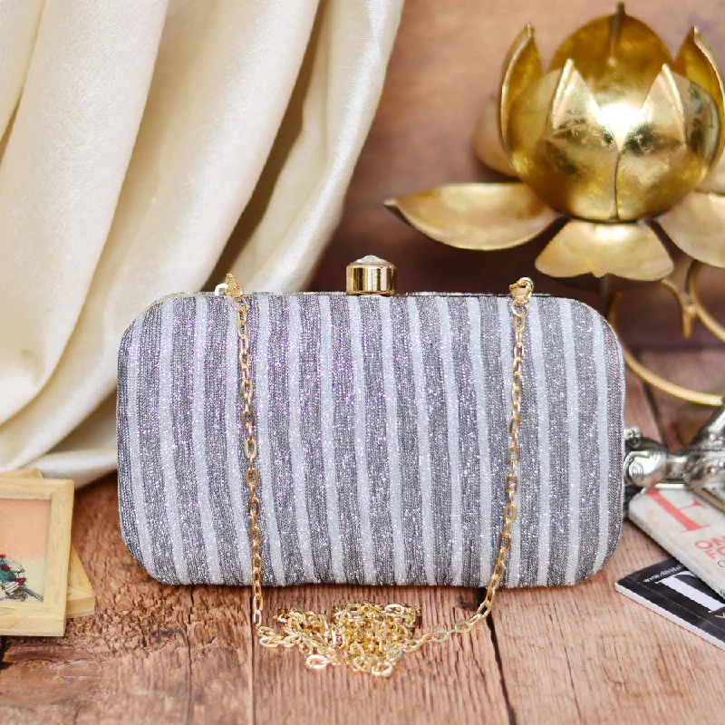 Velvet Clutch Bag in Burgundy with Crystal Embellishments for Formal DinnersMink Grey and white Strip Pattern Clutch