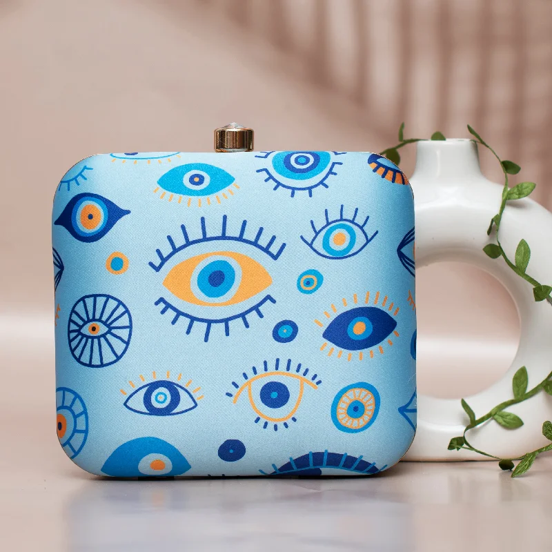 Women's Glittery Clutch in Blue for Disco - Themed EventsMulti Blue Evil Eye Printed Clutch