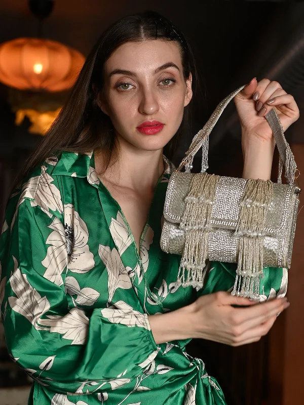 Suede Clutch with Tassel Details in Olive for Fall SoireesOdette Ornate Silver Patterned Clutch For Women