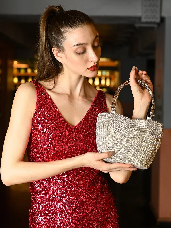 Women's Small Beaded Clutch in Silver for New Year's Eve PartyOdette Silver Cutdana Embroidered Clutch For Women