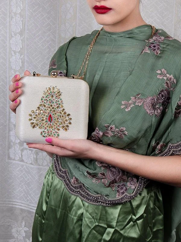 Velvet Clutch Bag in Burgundy with Crystal Embellishments for Formal DinnersOdette Women Off White Raw Silk Box Clutch