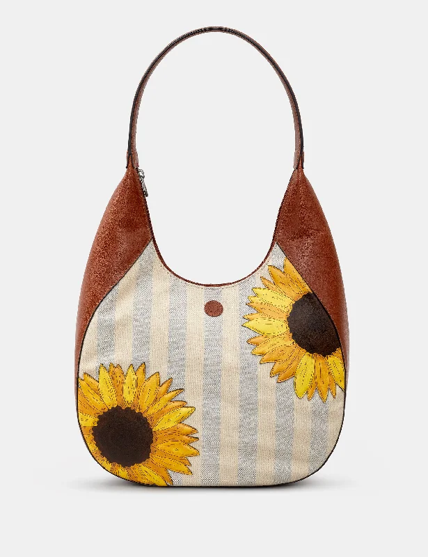 Leather Shoulder Bag with Magnetic Closure in Black for Quick AccessSunflower Bloom Leather And Canvas Shoulder Bag