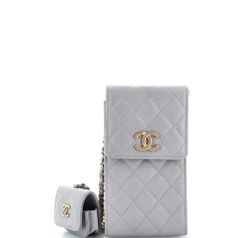 Women's Crossbody Bag with Magnetic Closure in White for Quick AccessTextured CC Flap Phone Holder Crossbody Bag with AirPods Pro Case Quilted Caviar