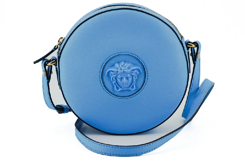 Women's Shoulder Bag with Zippered Pockets in Orange for SafetyVersace Chic Blue Leather Round Shoulder Bag