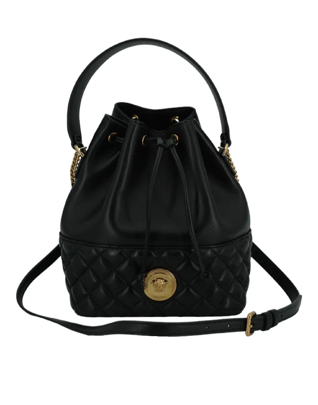 Shoulder Bag with Geometric Pattern in Multicolor for a Contemporary StyleVersace Elegant Black Leather Medusa Bucket Shoulder Bag