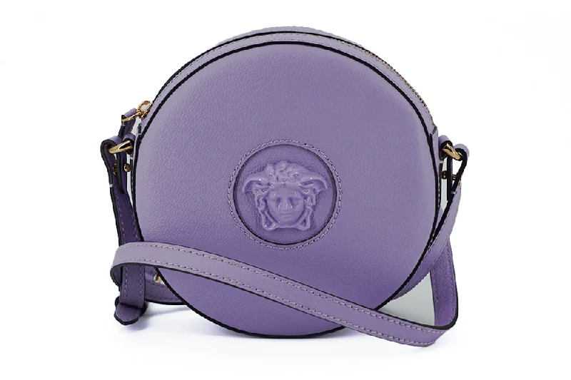 Crossbody Shoulder Bag in Black Leather with Gold Hardware for Night OutsVersace Elegant Purple Round Shoulder Bag