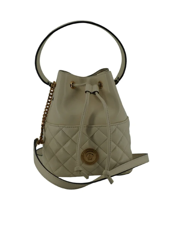 Suede Shoulder Bag in Pink with Tassel Accents for Casual OutingsVersace Elegant Small White Leather Bucket Shoulder Bag