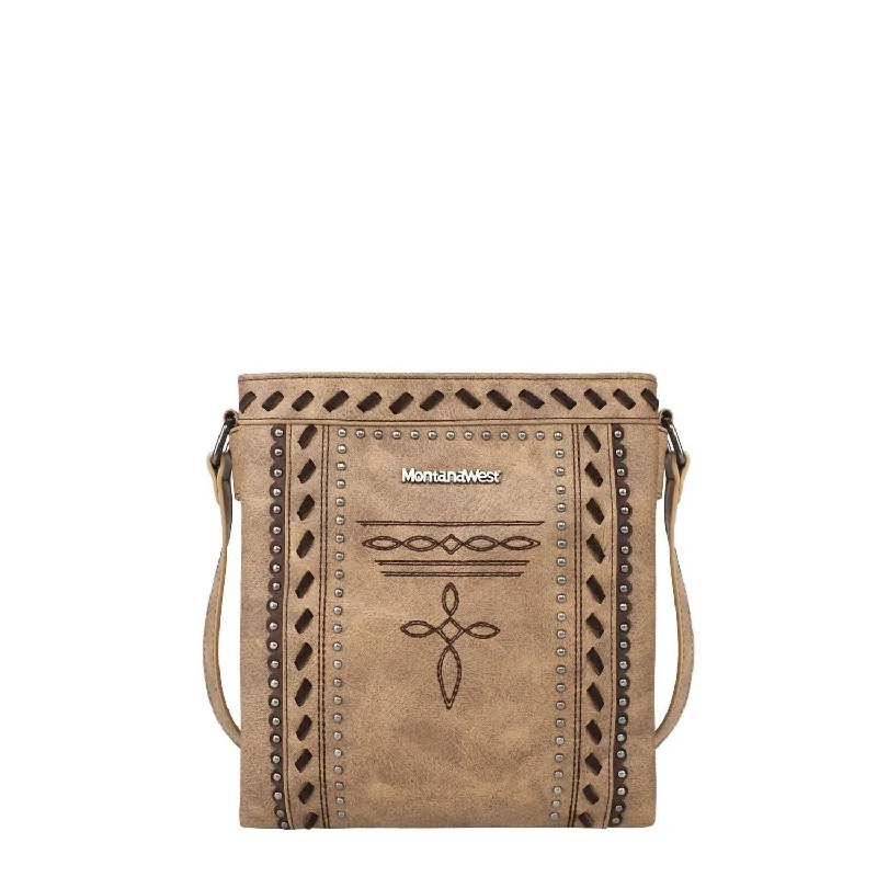 Medium - sized Canvas Crossbody Bag in Beige with Floral Print for Spring OutingsWomen's Embroidered Stitch Crossbody Bag In Light Brown