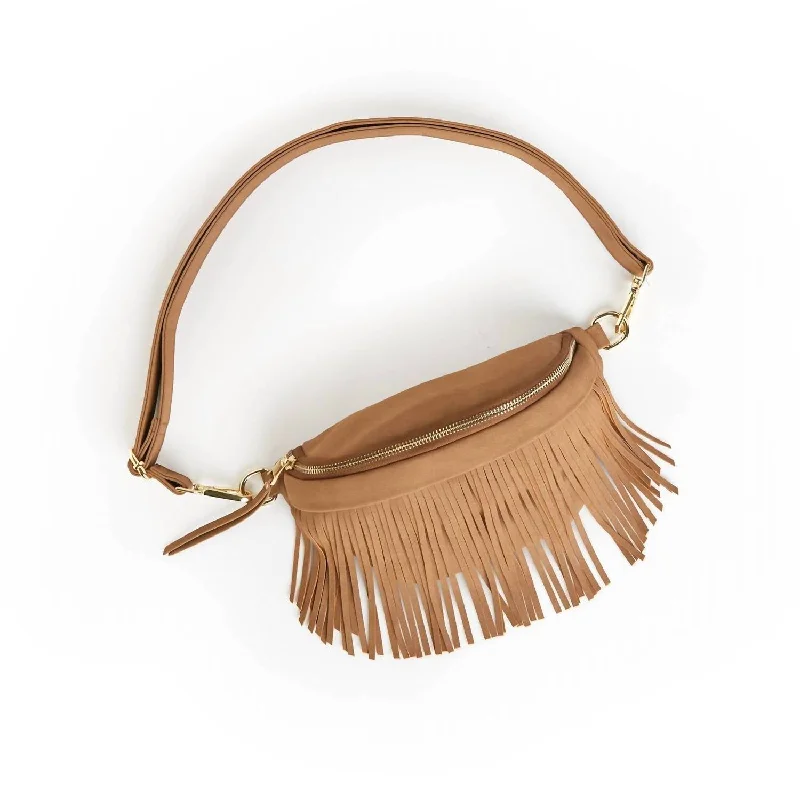 Leather - Trimmed Denim Crossbody Bag in Blue for a Vintage - Inspired LookWomen's Removable Fringe Fanny Pack Hip Bag In Tan